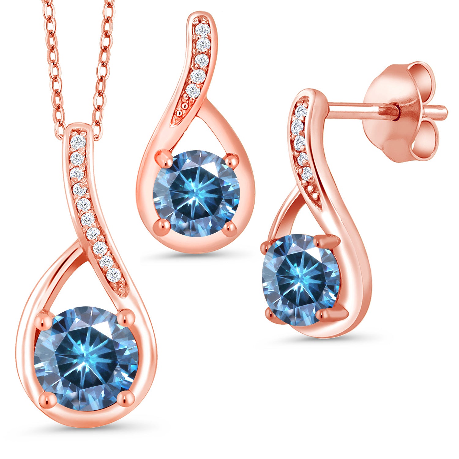 Persian Blue Moissanite - April_Pendant Earrings Set in 925 Rose Gold Plated Silver