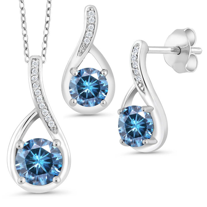 Persian Blue Moissanite - April_Pendant Earrings Set in 925 Sterling Silver