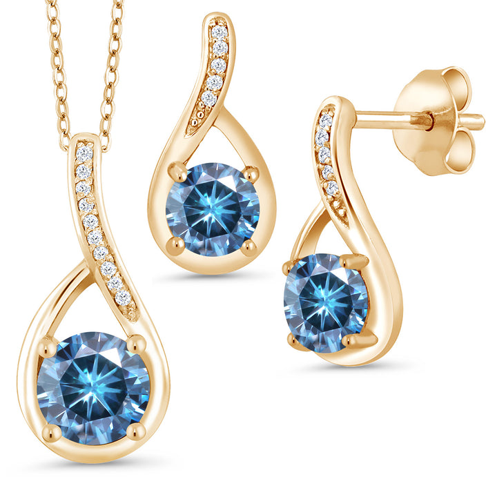 Persian Blue Moissanite - April_Pendant Earrings Set in 925 Yellow Gold Plated Silver