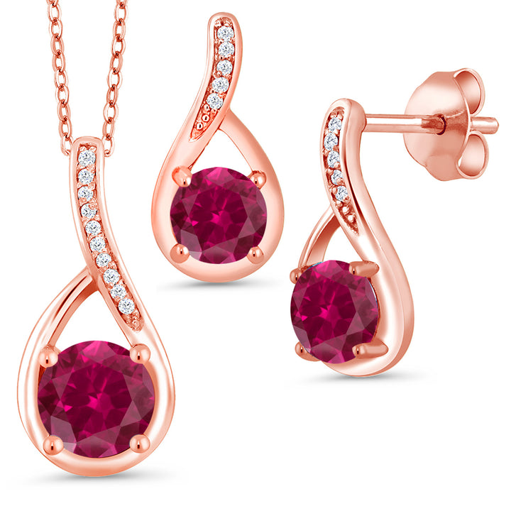 18K Rose Gold Plated Silver Round Red Created Ruby and Diamond Pendant Earrings Set For Women (2.34 Cttw, with 18 Inch Chain)