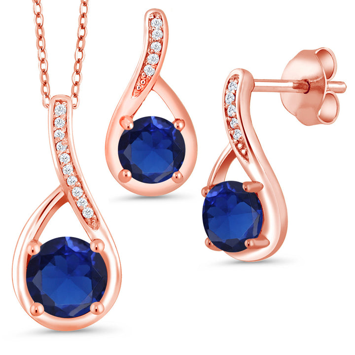 Blue Created Sapphire - September_Pendant Earrings Set in 925 Rose Gold Plated Silver