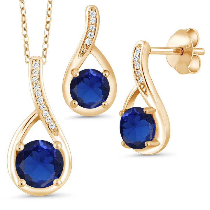 Blue Created Sapphire - September_Pendant Earrings Set in 925 Yellow Gold Plated Silver