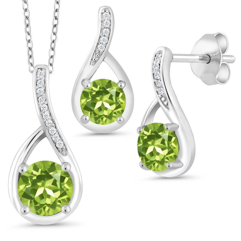 925 Sterling Silver Round Green Peridot and White Diamond Pendant and Earrings Jewelry Set For Women (1.99 Cttw, with 18 Inch Silver Chain)