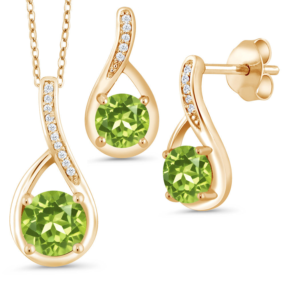 18K Yellow Gold Plated Silver Round Green Peridot and Diamond Pendant and Earrings Jewelry Set For Women (1.99 Cttw, Gemstone Birthstone, with 18 Inch Chain)