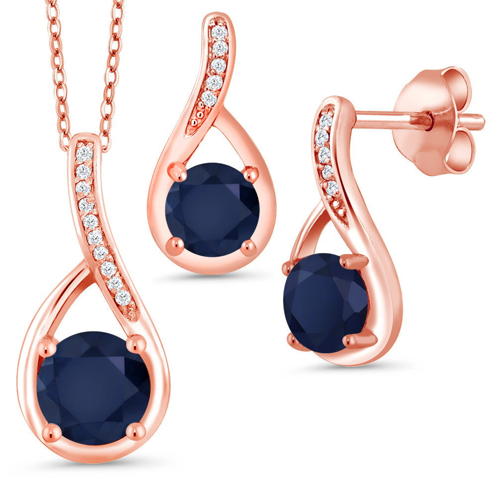 Blue Sapphire - September_Pendant Earrings Set in 925 Rose Gold Plated Silver