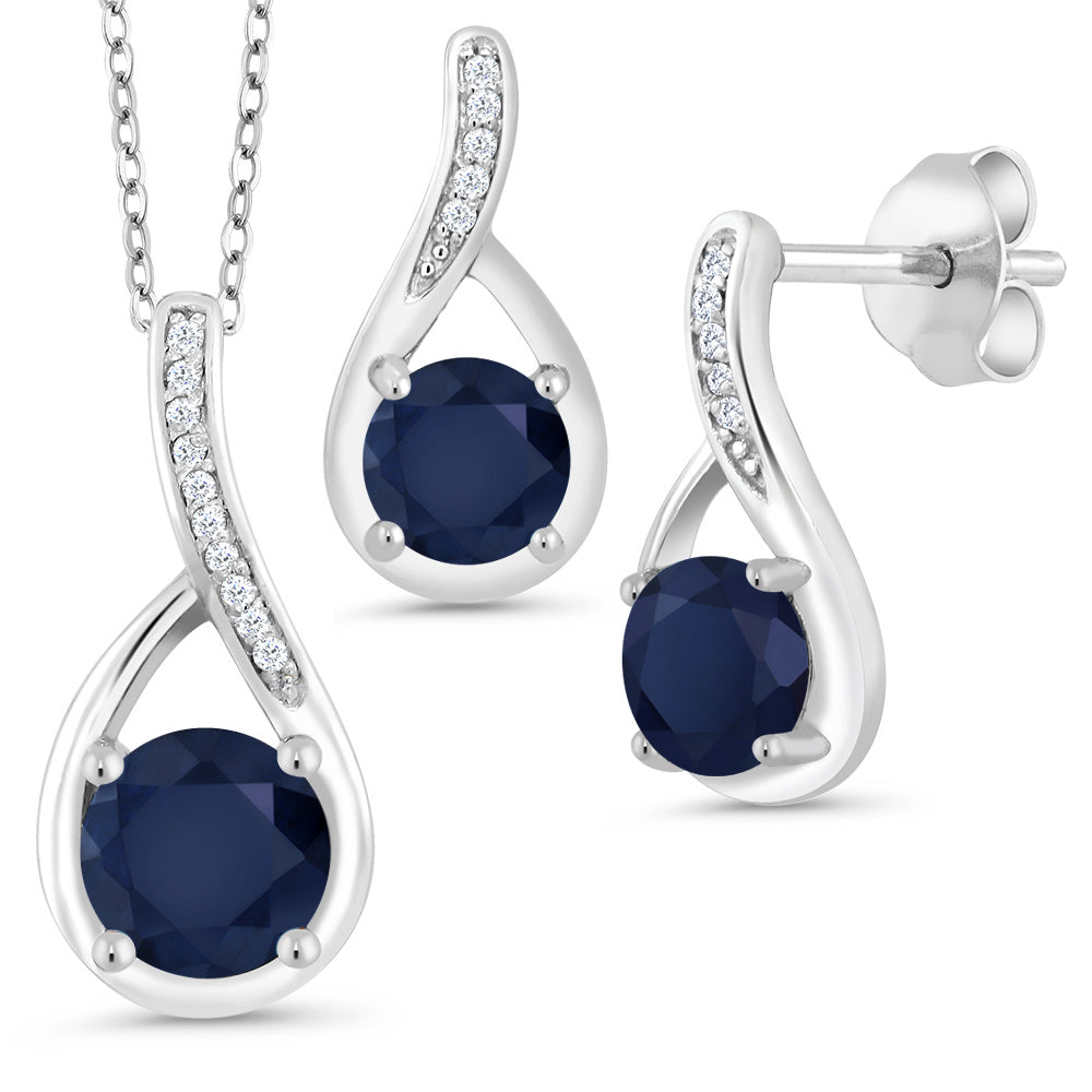 925 Sterling Silver Round Blue Sapphire and White Diamonds Pendant and Earrings Jewelry Set For Women (2.34 Cttw, Gemstone Birthstone, with 18 Inch Silver Chain)