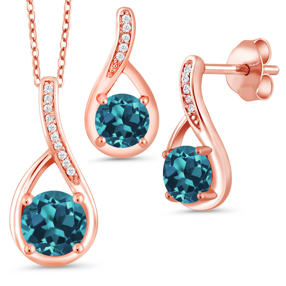 London Blue Topaz - November_Pendant Earrings Set in 925 Rose Gold Plated Silver