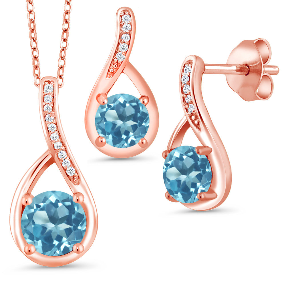 Swiss Blue Topaz - November_Pendant Earrings Set in 925 Rose Gold Plated Silver