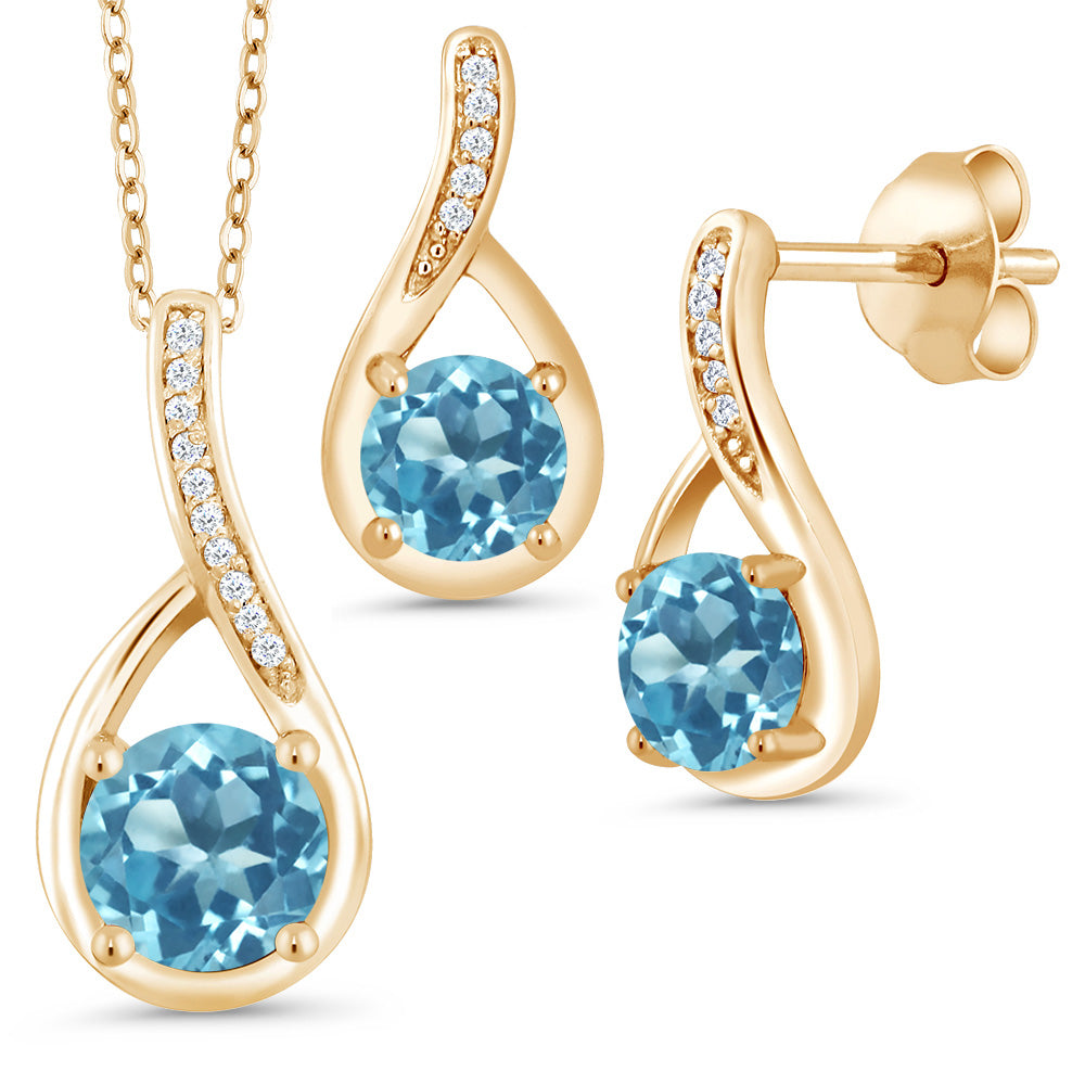 Swiss Blue Topaz - November_Pendant Earrings Set in 925 Yellow Gold Plated Silver