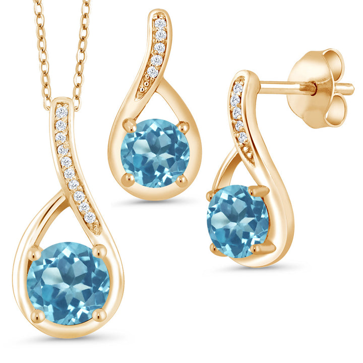 Swiss Blue Topaz - November_Pendant Earrings Set in 925 Yellow Gold Plated Silver
