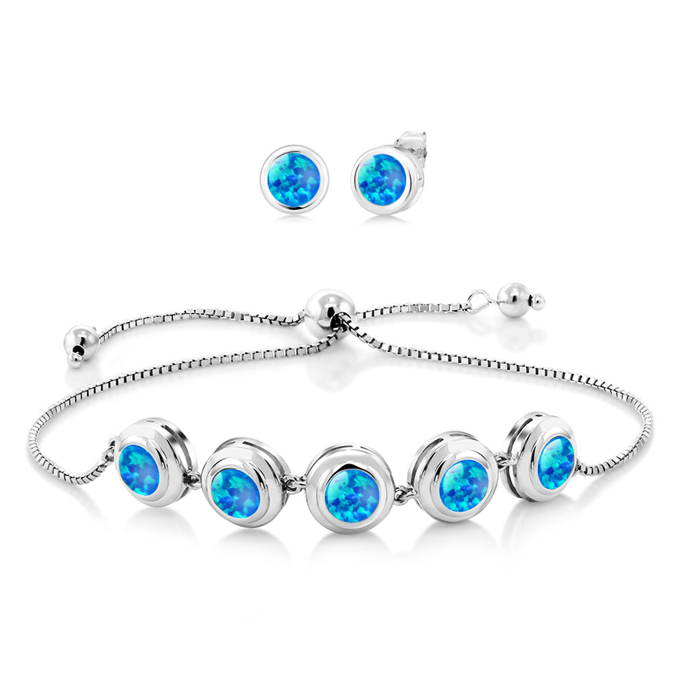 Blue Simulated Opal-Cabochon - October_Bracelet in 925 Sterling Silver