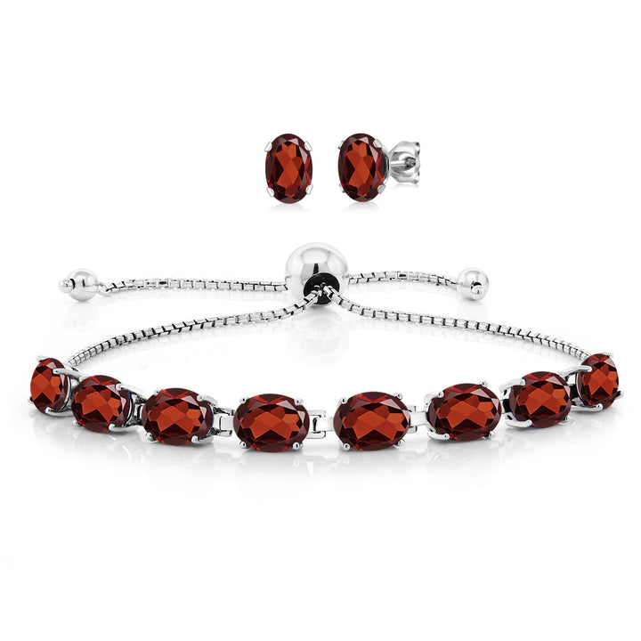 925 Sterling Silver Red Garnet Bracelet and Earrings Jewelry Set For Women (8.70 Cttw, Gemstone January Birthstone, Oval 7X5MM, Fully Adjustable Up to 9 Inch)