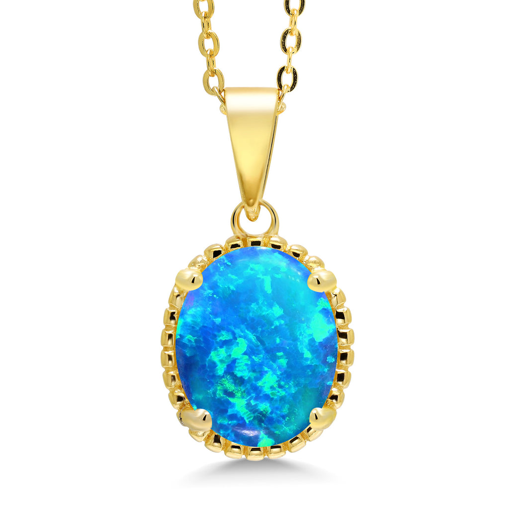 Blue Opal - October_925 Yellow Gold Plated Silver_Pendant in 925 Yellow Gold Plated Silver