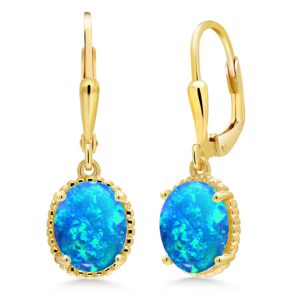 Blue Simulated Opal - October_Earrings in 925 Yellow Gold Plated Silver