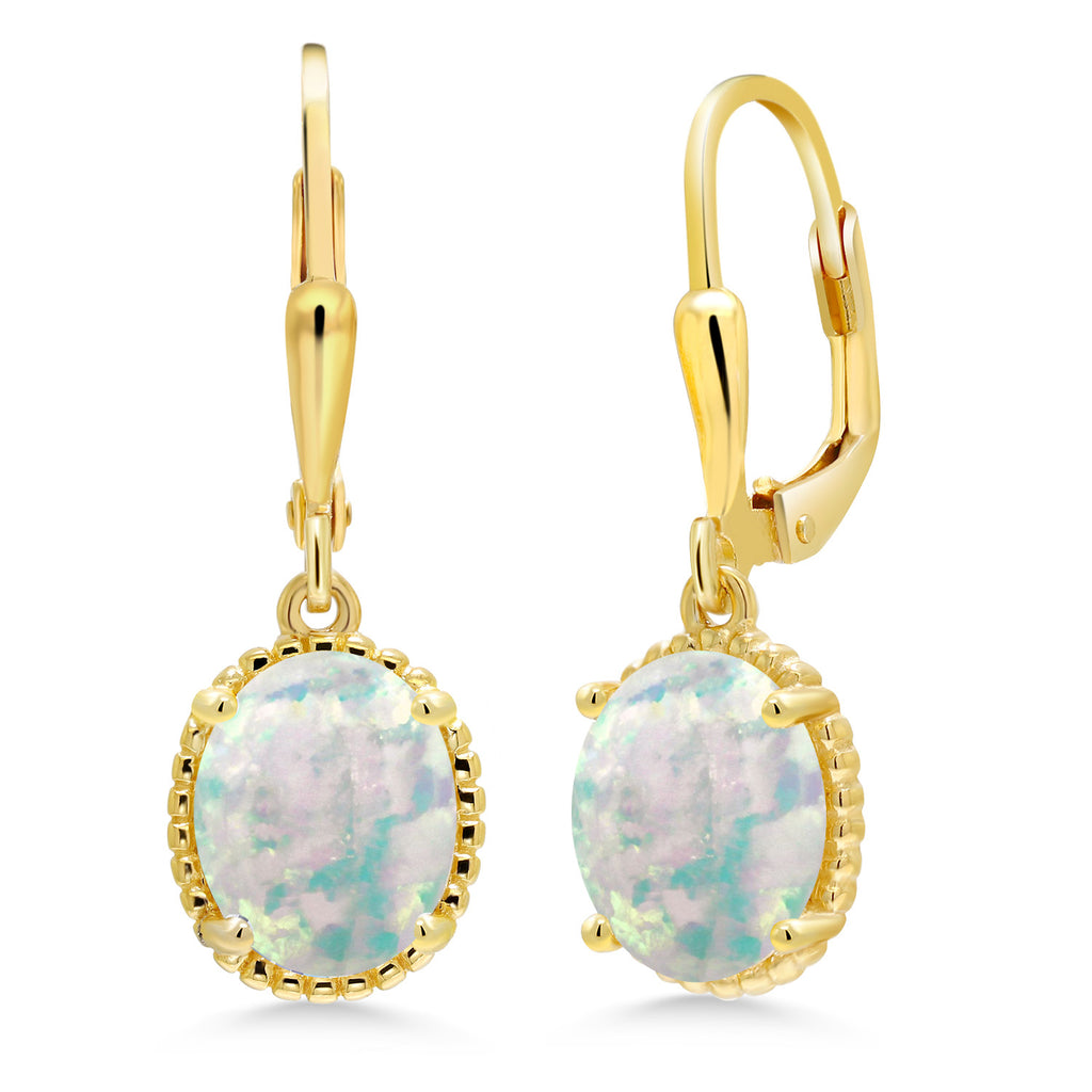 White Simulated Opal - October_Earrings in 925 Yellow Gold Plated Silver