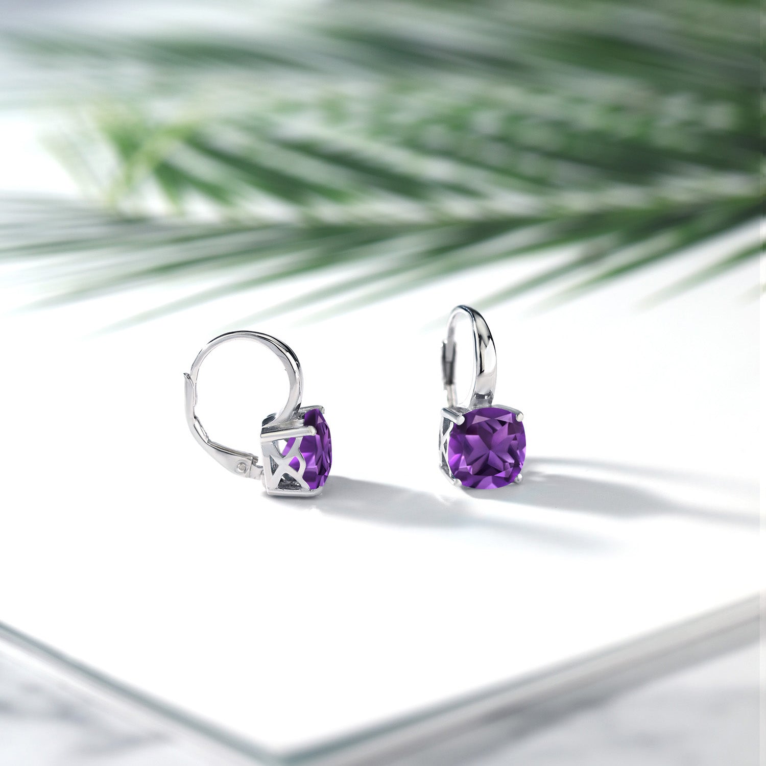 925 Sterling Silver Purple Amethyst Earrings For Women (4.10 Cttw, Gemstone Birthstone, Cushion 8MM)