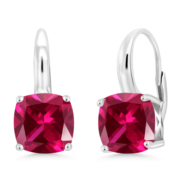 925 Sterling Silver Red Created Ruby Earrings For Women (5.00 Cttw, Cushion 8MM)