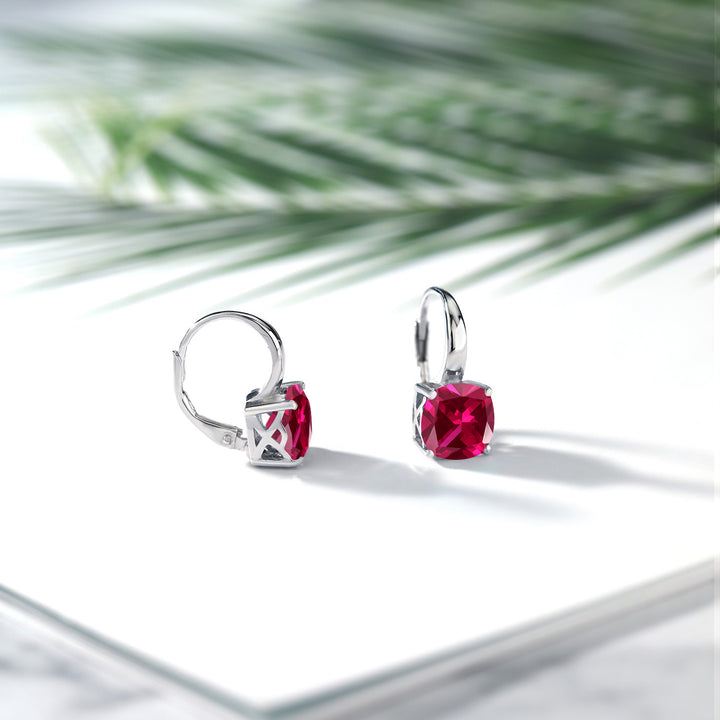 925 Sterling Silver Red Created Ruby Earrings For Women (5.00 Cttw, Cushion 8MM)