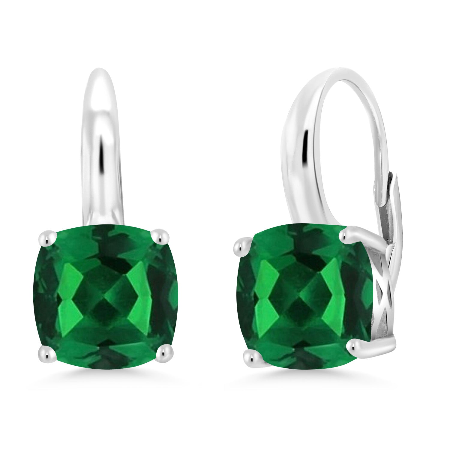 925 Sterling Silver Green Simulated Emerald Earrings For Women (5.00 Cttw, Cushion 8MM)