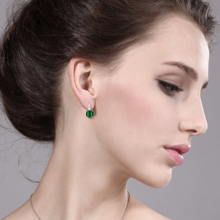 925 Sterling Silver Green Simulated Emerald Earrings For Women (5.00 Cttw, Cushion 8MM)