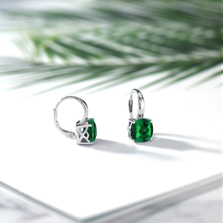 925 Sterling Silver Green Simulated Emerald Earrings For Women (5.00 Cttw, Cushion 8MM)