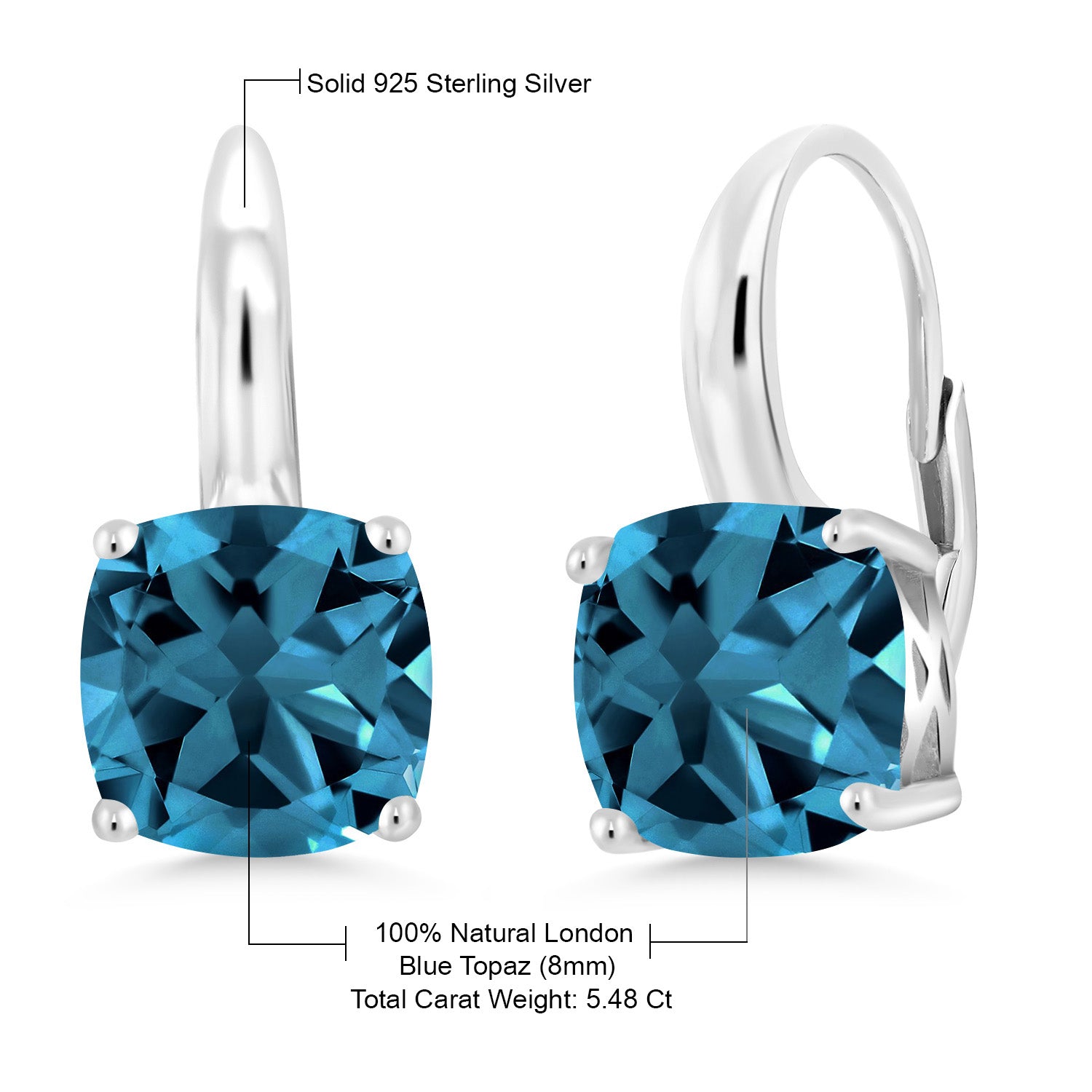 5.48 Cttw Natural Genuine London Blue Topaz Earrings In 925 Sterling Silver | Gemstone Birthstone | Cushion Cut 8MM | Dangle Earrings For Women