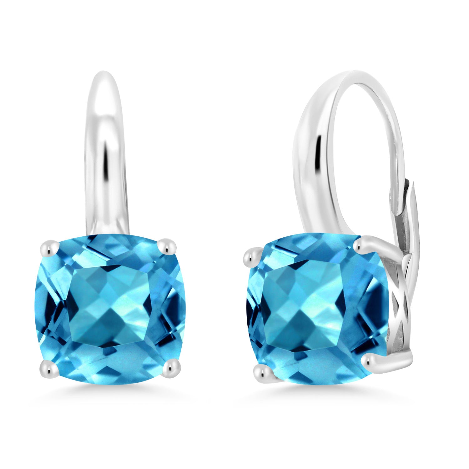 925 Sterling Silver Swiss Blue Topaz Earrings For Women | 5.48 Cttw | Gemstone Birthstone | Cushion Cut 8MM