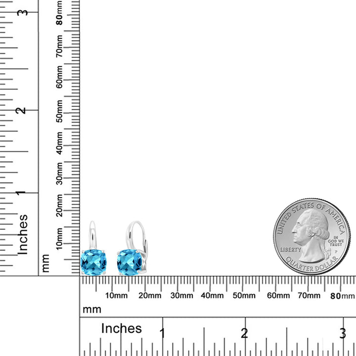 925 Sterling Silver Swiss Blue Topaz Earrings For Women | 5.48 Cttw | Gemstone Birthstone | Cushion Cut 8MM