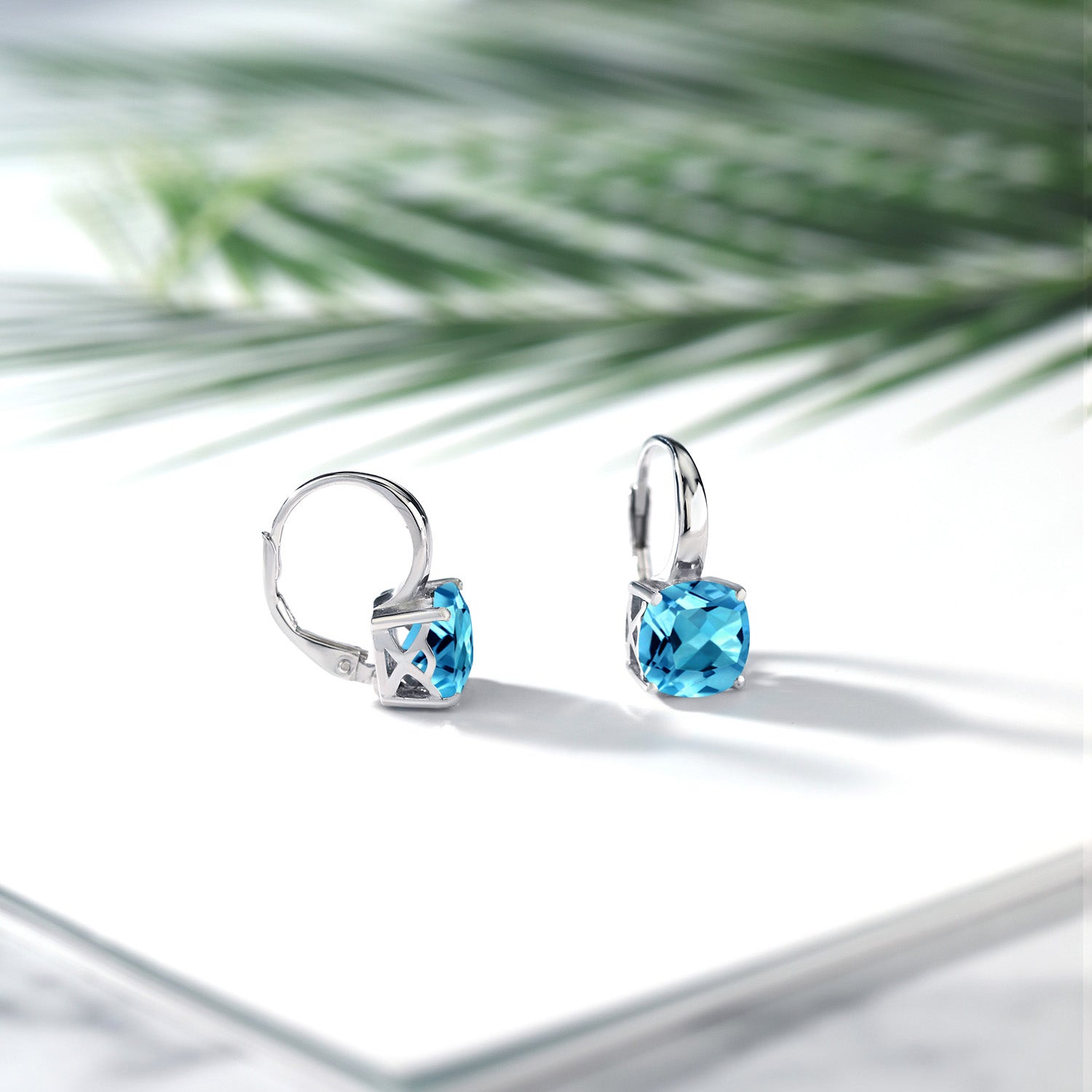 925 Sterling Silver Swiss Blue Topaz Earrings For Women | 5.48 Cttw | Gemstone Birthstone | Cushion Cut 8MM