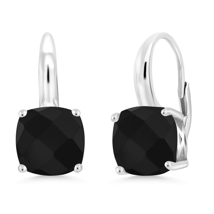 925 Sterling Silver Black Onyx Earrings For Women (4.22 Cttw, Gemstone Birthstone, Cushion Checkerboard Cut 8MM)