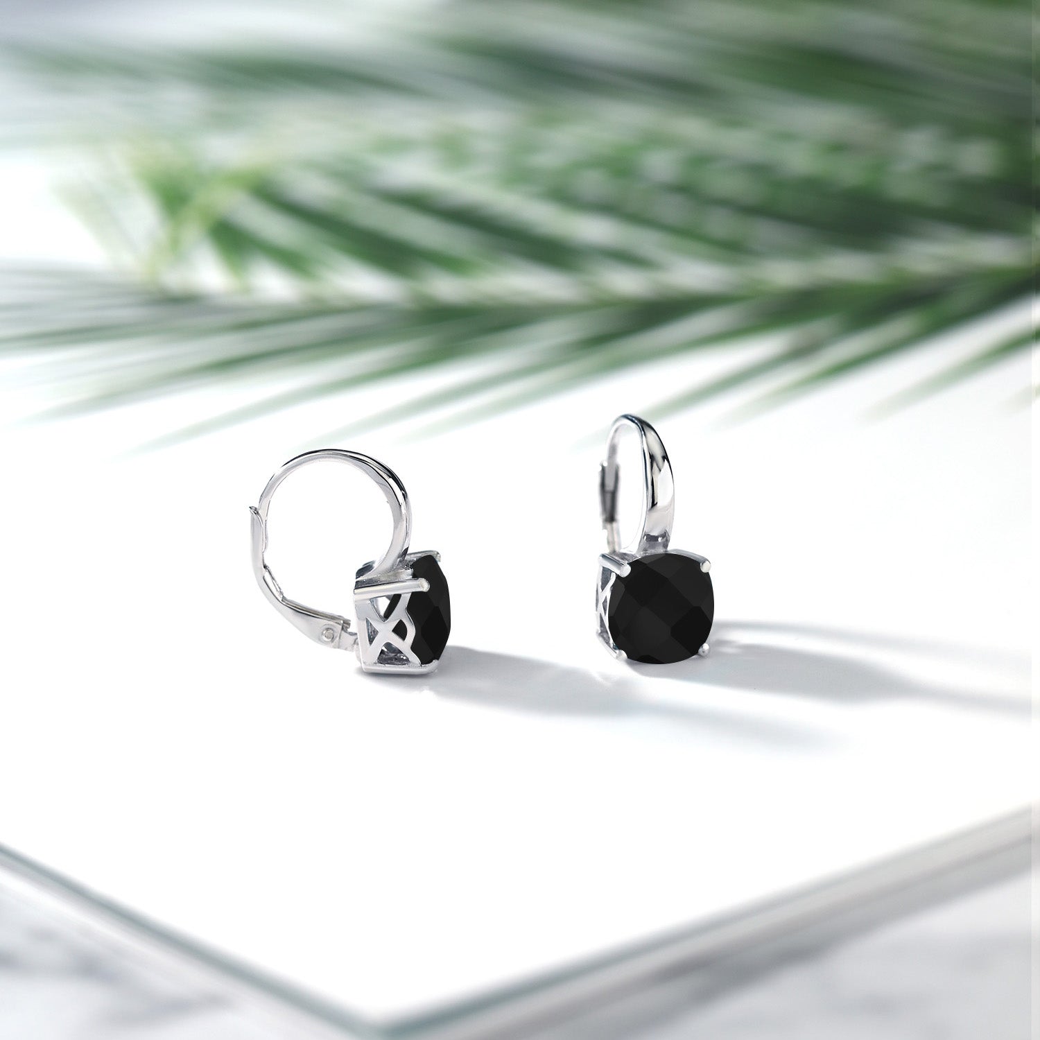 925 Sterling Silver Black Onyx Earrings For Women (4.22 Cttw, Gemstone Birthstone, Cushion Checkerboard Cut 8MM)