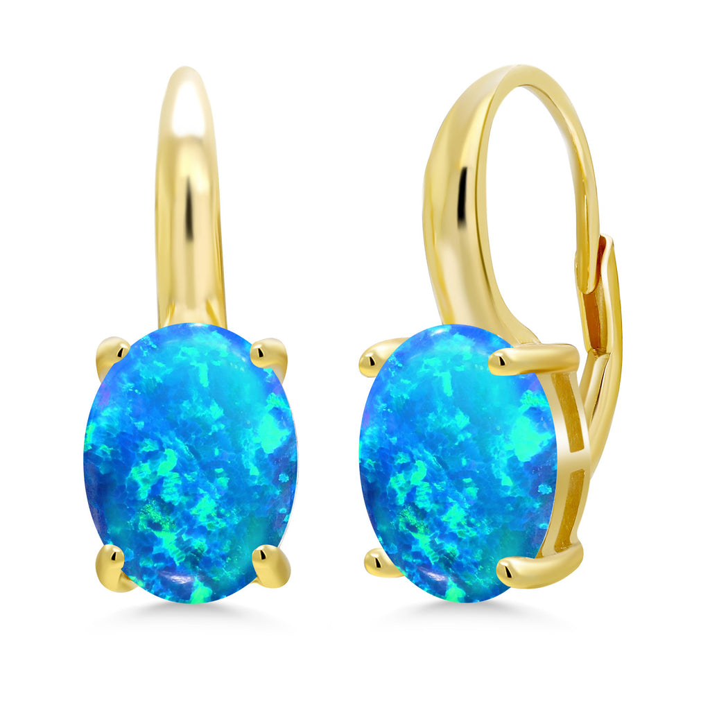 Blue Simulated Opal-Cabochon - October_Earrings in 925 Yellow Gold Plated Silver