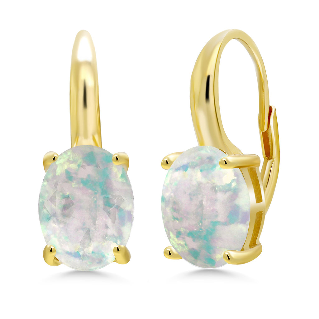 White Simulated Opal-Cabochon - October_Earrings in 925 Yellow Gold Plated Silver