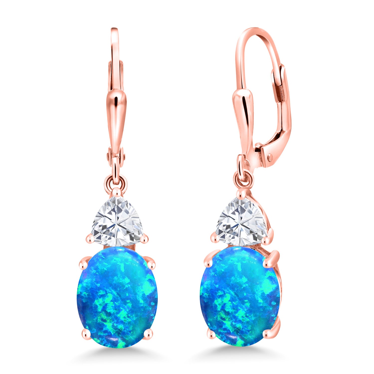 Blue Simulated Opal-Cabochon - October_Earrings in 925 Rose Gold Plated Silver