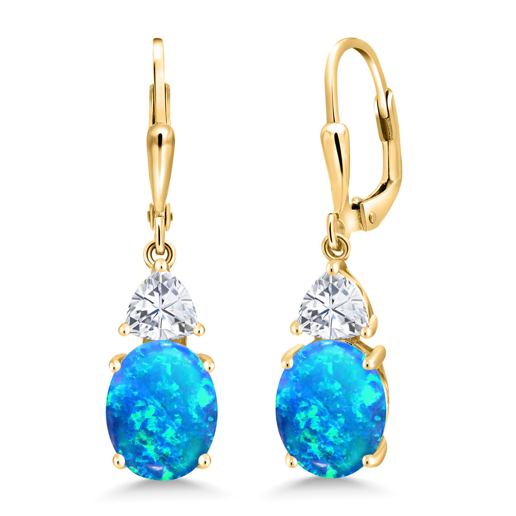Gem Stone King 18K Yellow Gold Plated Silver Gemstone Birthstone and White Moissanite Leverback Dangle Earrings For Women | Oval 10X8MM | Trillion 5MM | Elegant Drop Design | Jewelry for Her Wife Mom