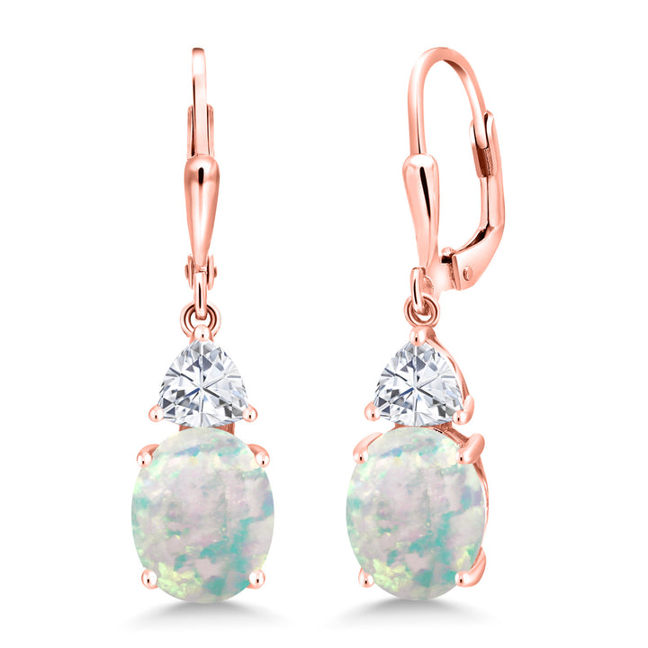 Gem Stone King 18K Rose Gold Plated Gemstone Birthstone and White Moissanite Leverback Dangle Earrings For Women | Oval 10X8MM and Trillion 5MM | Elegant Drop Design | Gift for Her Wife Mom