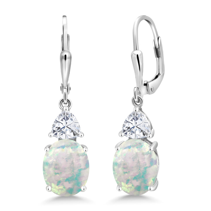 Gem Stone King Leverback Dangle Earrings For Women | Gemstone Birthstone and White Moissanite | 925 Sterling Silver | Oval 10X8MM | Trillion 5MM | Elegant Drop Design | Gift for Her Wife Mom