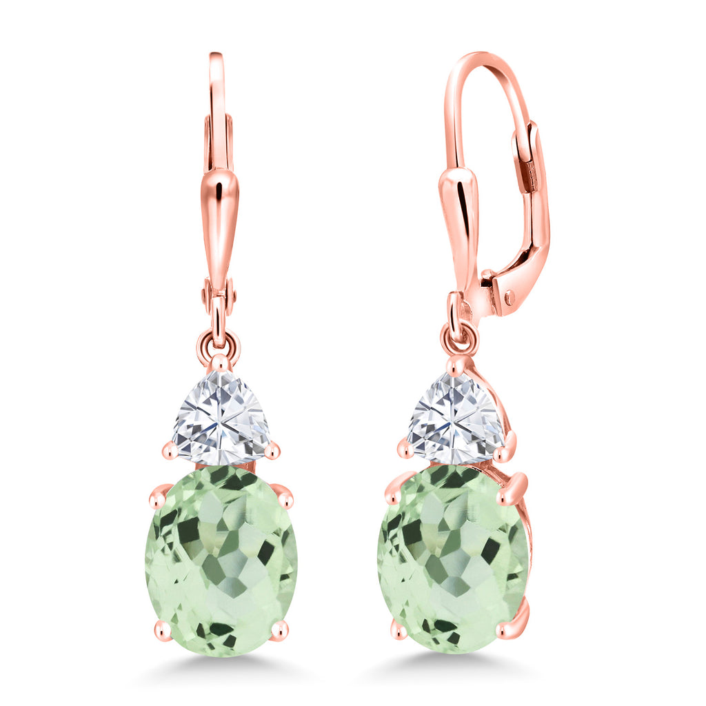 Gem Stone King 18K Rose Gold Plated Gemstone Birthstone and White Moissanite Leverback Dangle Earrings For Women | Oval 10X8MM and Trillion 5MM | Elegant Drop Design | Gift for Her Wife Mom