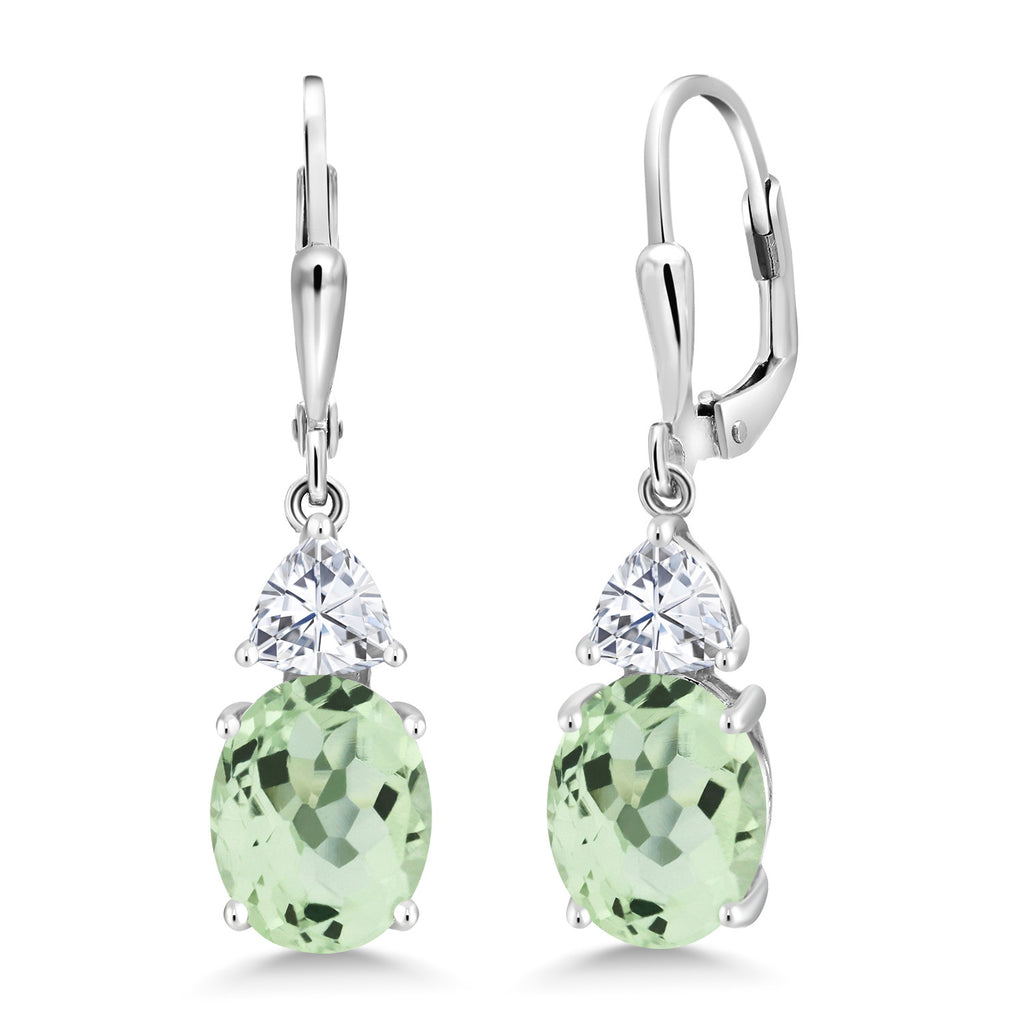 Gem Stone King Leverback Dangle Earrings For Women | Gemstone Birthstone and White Moissanite | 925 Sterling Silver | Oval 10X8MM | Trillion 5MM | Elegant Drop Design | Gift for Her Wife Mom