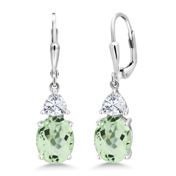 Gem Stone King Leverback Dangle Earrings For Women | Gemstone Birthstone and White Moissanite | 925 Sterling Silver | Oval 10X8MM | Trillion 5MM | Elegant Drop Design | Gift for Her Wife Mom