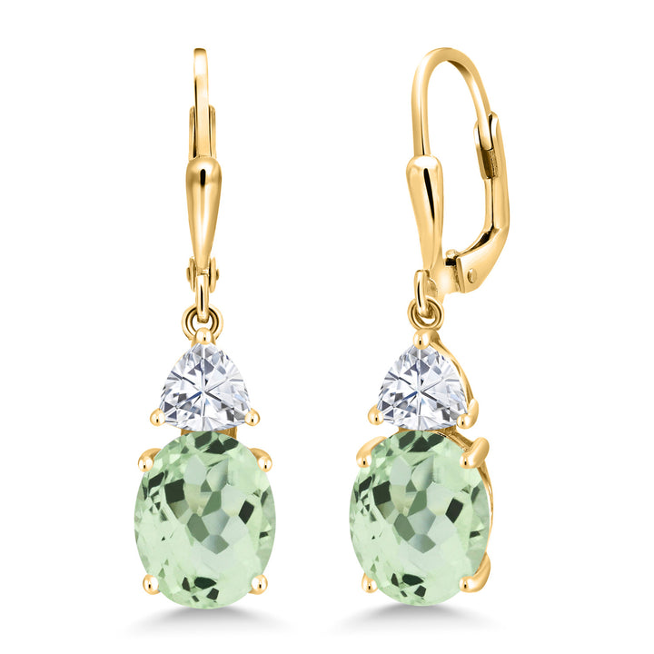 Gem Stone King 18K Yellow Gold Plated Silver Gemstone Birthstone and White Moissanite Leverback Dangle Earrings For Women | Oval 10X8MM | Trillion 5MM | Elegant Drop Design | Jewelry for Her Wife Mom
