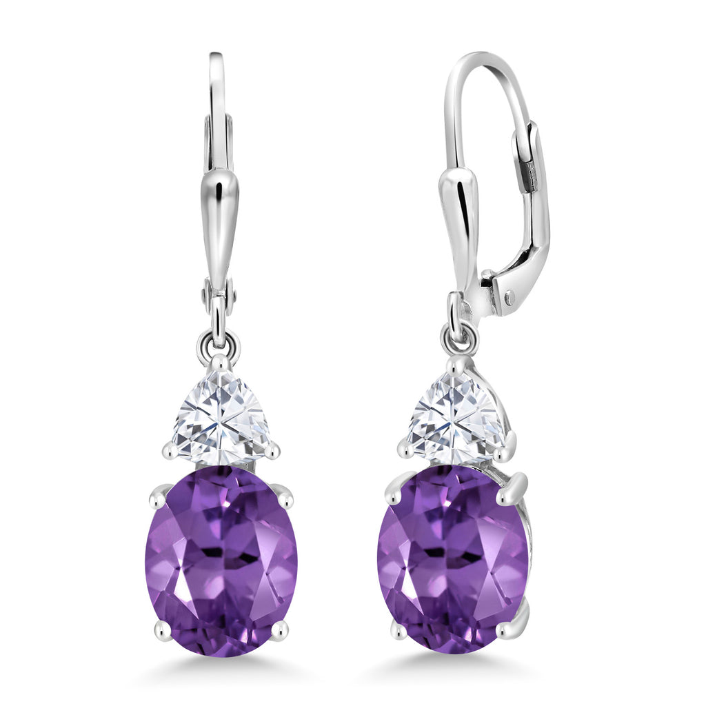 Gem Stone King Leverback Dangle Earrings For Women | Gemstone Birthstone and White Moissanite | 925 Sterling Silver | Oval 10X8MM | Trillion 5MM | Elegant Drop Design | Gift for Her Wife Mom