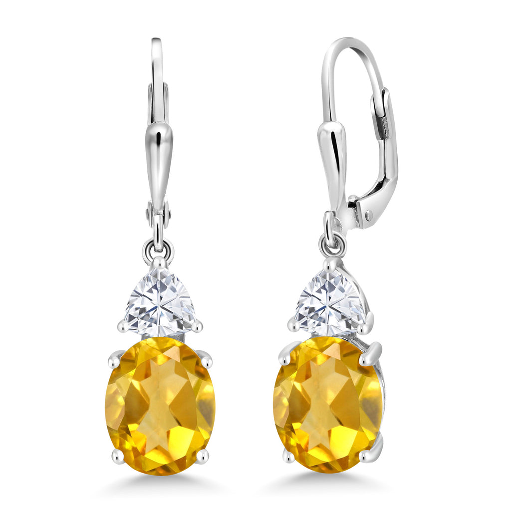 Gem Stone King Leverback Dangle Earrings For Women | Gemstone Birthstone and White Moissanite | 925 Sterling Silver | Oval 10X8MM | Trillion 5MM | Elegant Drop Design | Gift for Her Wife Mom