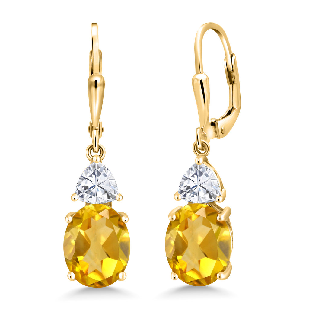 Gem Stone King 18K Yellow Gold Plated Silver Gemstone Birthstone and White Moissanite Leverback Dangle Earrings For Women | Oval 10X8MM | Trillion 5MM | Elegant Drop Design | Jewelry for Her Wife Mom