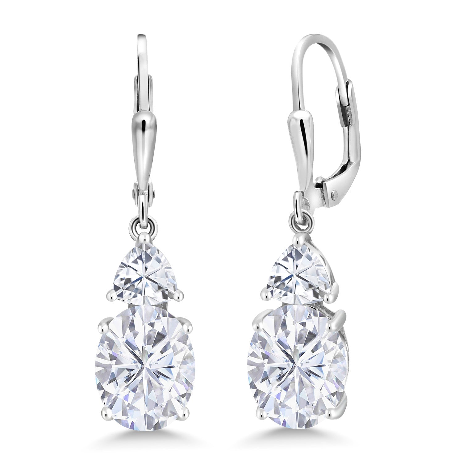 925 Sterling Silver White Moissanite Dangle Earrings For Women (6.94 Cttw, Gemstone Birthstone, Oval 10X8MM, Trillion 5MM)