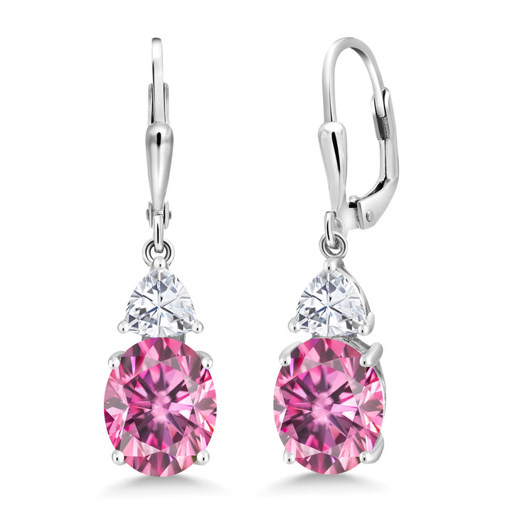 Gem Stone King Leverback Dangle Earrings For Women | Gemstone Birthstone and White Moissanite | 925 Sterling Silver | Oval 10X8MM | Trillion 5MM | Elegant Drop Design | Gift for Her Wife Mom