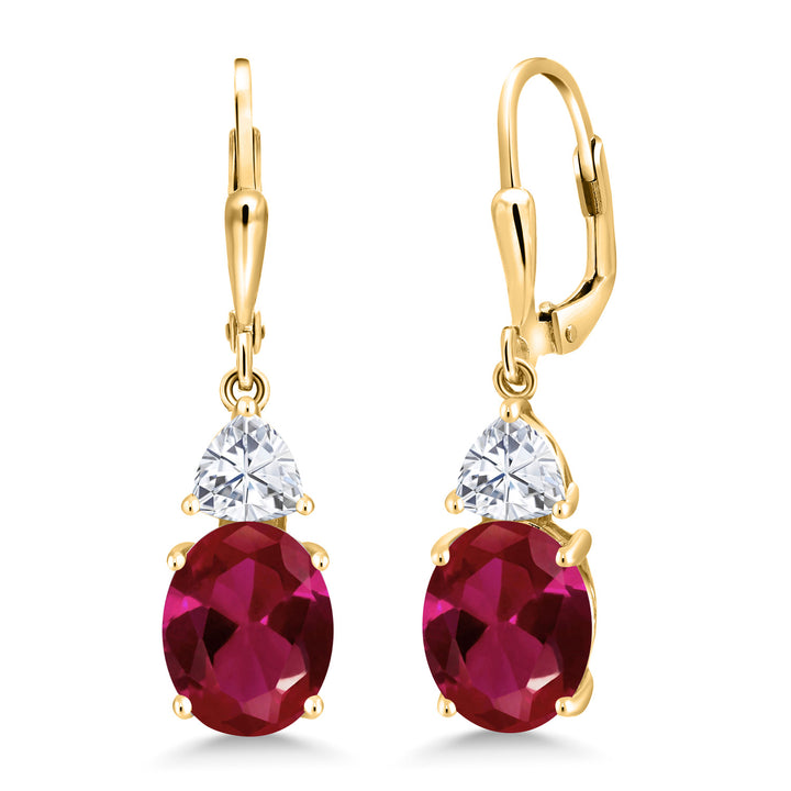 Gem Stone King 18K Yellow Gold Plated Silver Gemstone Birthstone and White Moissanite Leverback Dangle Earrings For Women | Oval 10X8MM | Trillion 5MM | Elegant Drop Design | Jewelry for Her Wife Mom