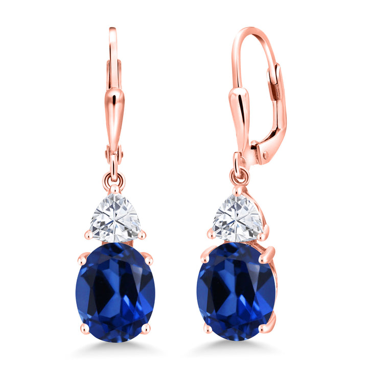 Gem Stone King 18K Rose Gold Plated Gemstone Birthstone and White Moissanite Leverback Dangle Earrings For Women | Oval 10X8MM and Trillion 5MM | Elegant Drop Design | Gift for Her Wife Mom