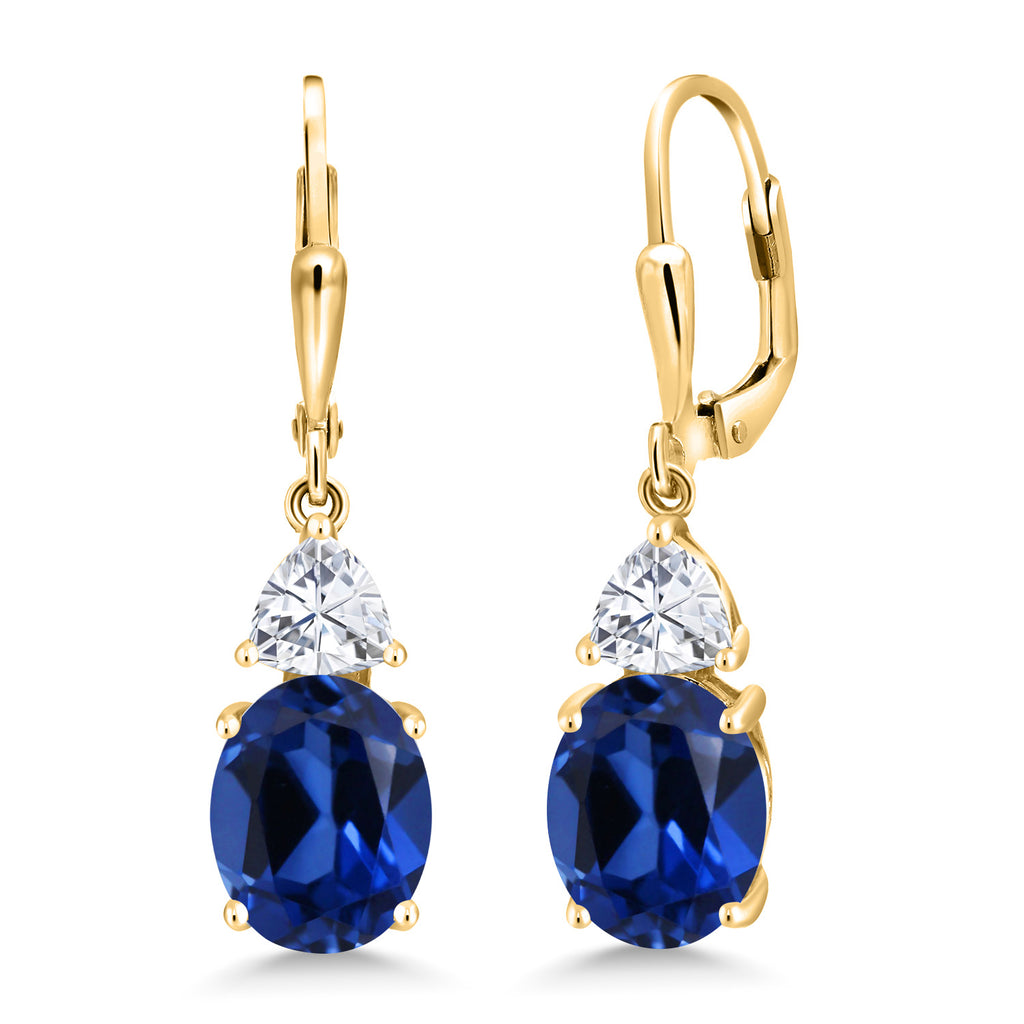 Gem Stone King 18K Yellow Gold Plated Silver Gemstone Birthstone and White Moissanite Leverback Dangle Earrings For Women | Oval 10X8MM | Trillion 5MM | Elegant Drop Design | Jewelry for Her Wife Mom