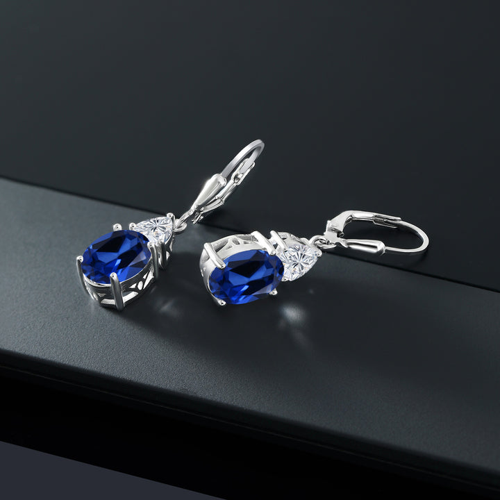 925 Sterling Silver Blue Created Sapphire and Lab Grown Diamond Stud Earrings for Women | 7.34 Cttw | Gemstone September Birthstone | Oval 10X8MM